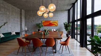 Modern luxury dining room with large glass windows, elegant furnishings and plants, stylish residential interior filled with natural light and clean design