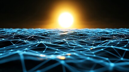 Abstract Digital Landscape with Glowing Network and Rising Sun