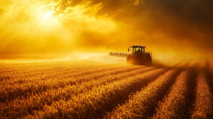 Naklejka premium Golden Hour Tractor Harvesting Wheat Field