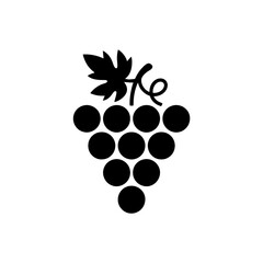 A simple black silhouette of a grape cluster shows round grapes arranged in a triangular formation, topped with a leaf and vine.
