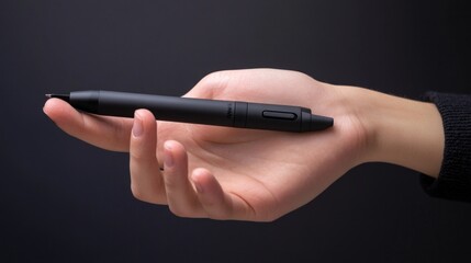 A black pen is held in a hand