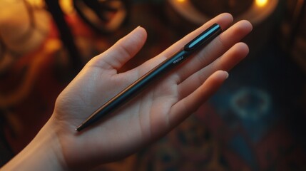 A hand holding a pen with the word "pen" on it