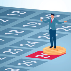 A man standing on the 30th and coins. A metaphorical illustration for payday, work payments and the end of the month.
