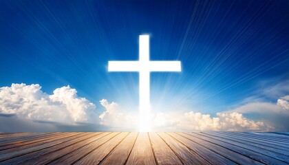christian shining cross in blue cloudy sky