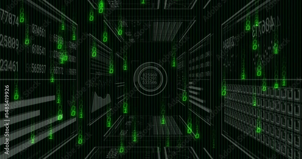 Poster Circular HUD showing numeric data with floating panels and cascading binary code in green 3D render