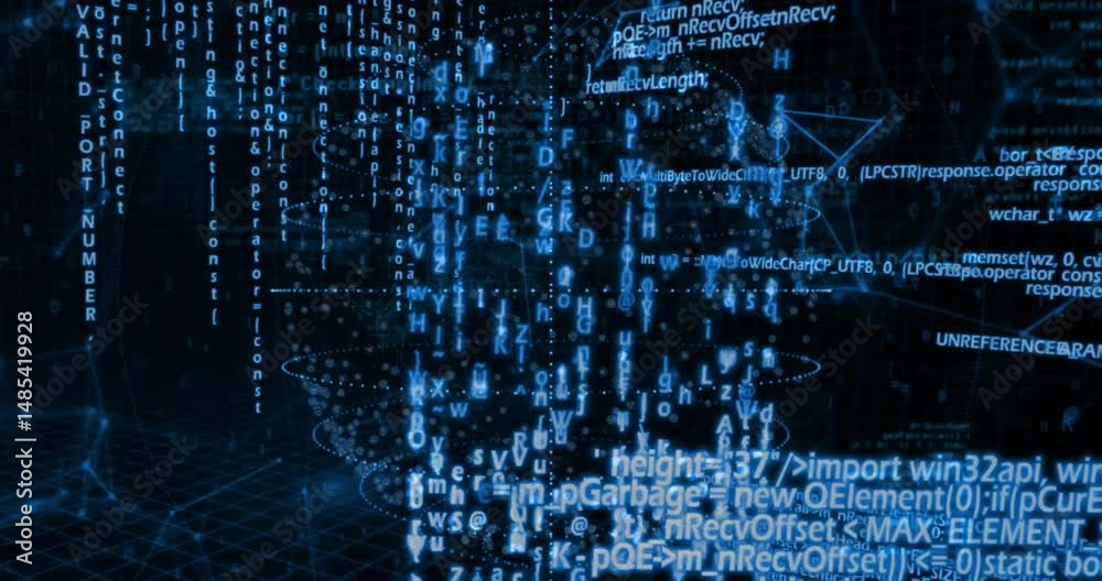 Poster glowing blue code cascading into transparent data sphere, connecting lines forming animated network