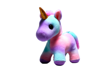 Colorful plush unicorn toy with a shimmering horn and tail