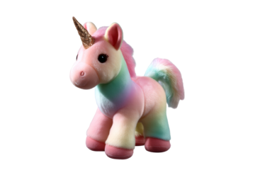 Colorful unicorn toy with glittery horn on transparent background