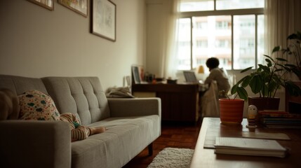 A tattooed individual enjoying a moment of tranquility on a rooftop with tea against an urban skyline.