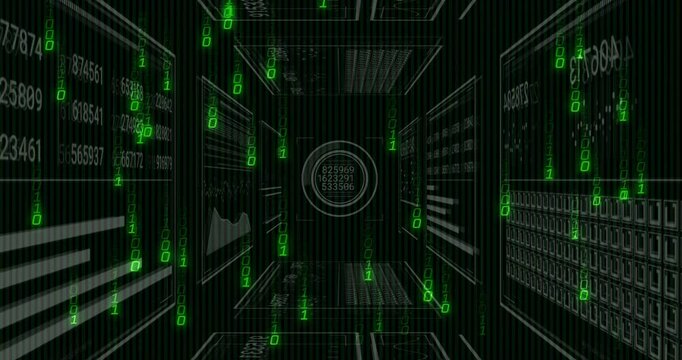 Circular HUD showing numeric data with floating panels and cascading binary code in green 3D render