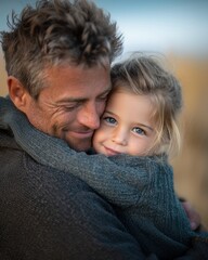 Fototapeta premium father hugging his children outdoors, happy family moment, children's day concept, father's day