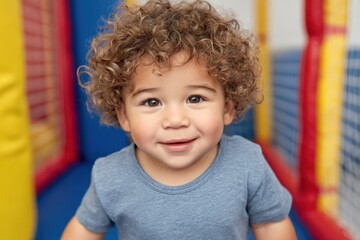Joyful toddler with curly hair smiling brightly in a colorful play area showcasing excitement and innocence while embodying the essence of childhood exploration and happiness