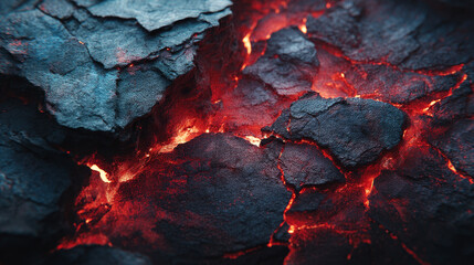 Cracked Volcanic Rock Surface with Glowing Red Lava Flow Beneath the Surface