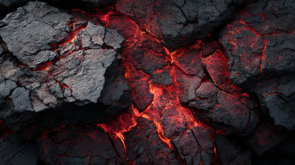 Overhead View of Rugged Cooled Lava Rock Formations with Glowing Magma Cracks