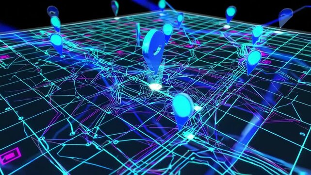 Abstract 3D grid with glowing blue and purple navigation markers, futuristic digital interface concept for virtual mapping and augmented reality system - Powered by Adobe