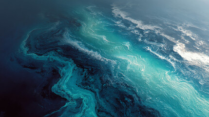 Ocean-Inspired Abstract Layered Art in Teal and Dark Blue Tones with Flowing Contours