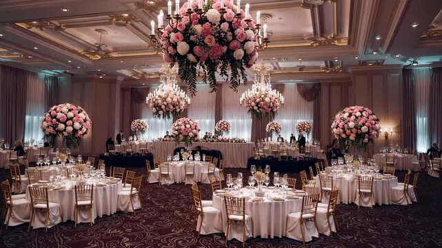 Lavish ballroom decorated with giant rose floral chandeliers, round tables and elegant white linens set for upscale wedding reception or gala event