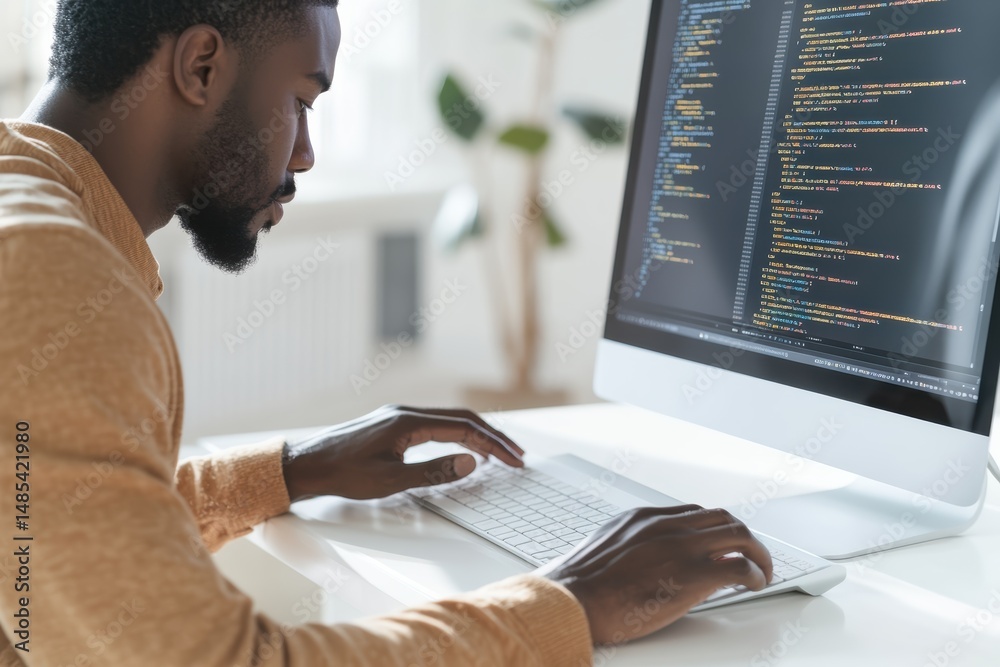 Poster black man focused on coding while typing on a modern keyboard at a desk in a bright room