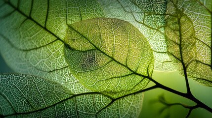 Delicate Layered Leaves in Light Green Tones with Fine Vein Patterns and Transparency