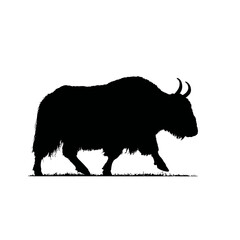 Solid black silhouette of a yak walking