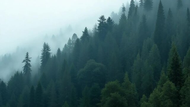 Misty forest on the mountain slope