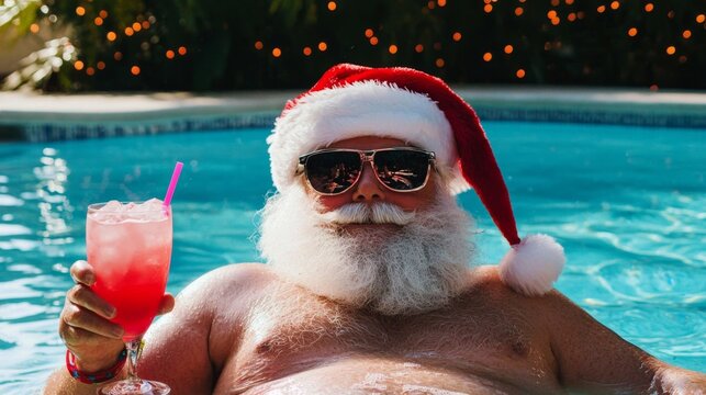 Festive vibes with Santa sipping a cocktail in the sun.