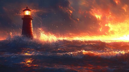 Obraz premium Fiery seascape with a solitary lighthouse.