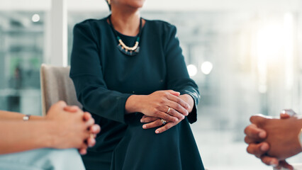 Business people, hands and hr for compliance, complaint or discipline in office. Person, meeting or discussion for bad behavior for workplace, bullying or reprimand for performance review or feedback