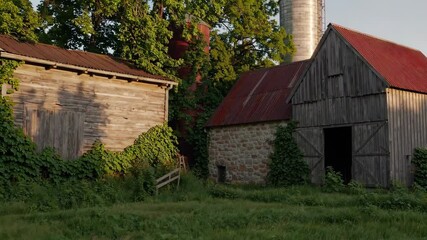 Old rustic barns with red tin roofs surrounded by green overgrowth and silo in the background, traditional rural farm scene during golden hour - Powered by Adobe