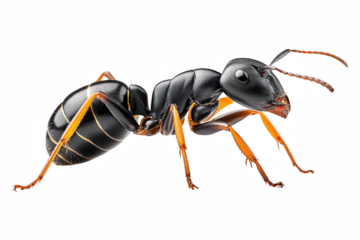 Close-up of a black carpenter ant highlighting segmented body and antennae, isolated on transparent background