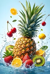 Tropical Fruits Splashing in Water – Pineapple, Kiwi, Lemon, Strawberry & Cherry
