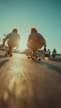 Two young skateboarders cruising together on wet pavement at sunset, carefree summer ride in golden light and motion &ndash; Generative AI