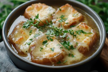 Delicious bowl of melted cheese topped with herbs served with crusty bread