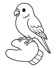 Coloring book parakeet perches gently on a person's gloved hand