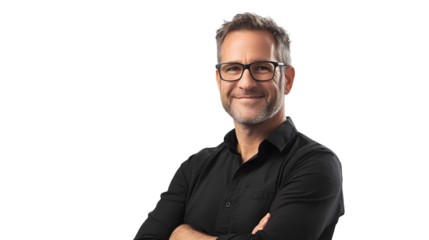 Confident Casual Man Smiling with Arms Crossed and Wearing Glasses