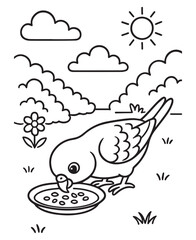 Coloring book parakeet eats seeds from a dish in a sunny outdoor setting with flowers and fluffy clouds. 