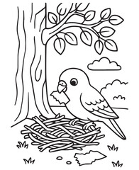 Coloring book parakeet sits in a nest made of twigs under a tree, holding a small piece of material in its beak
