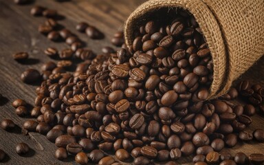 Roasted Coffee Beans Spilling from Burlap Sack onto Vintage Weighing Scale on Wooden Table