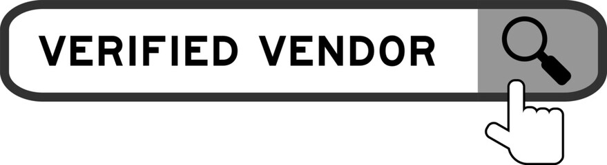 Search banner in word verified vendor with hand over magnifier icon on white background