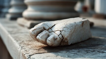 A weathered stone foot rests on a ledge, telling an ancient story of time passing and resilience in its cracks and textures.