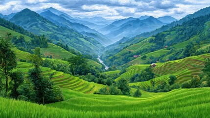 Obraz premium Serene Green Rice Terraces and Valley Landscape