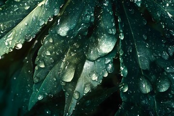 Close up photograph of glossy green leaves covered in glistening water droplets after rainfall.