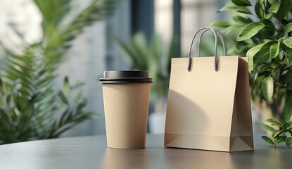 Paper coffee cup and shopping bag on table