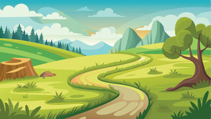 Beautiful vector illustration of a winding path through green hills and mountains under a bright blue sky with fluffy clouds, ideal for nature-themed projects and designs