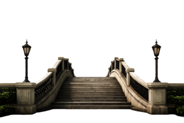 Elegant stone bridge with lanterns and steps at sunset