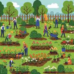 Obraz premium Blooming Garden Bliss: Vibrant illustration showcasing a collaborative community garden, a scene of shared effort and the beauty of growth and connection.