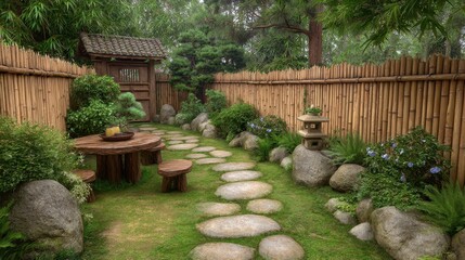 Fototapeta premium Serene Japanese Garden with Stone Path and Bamboo Fence