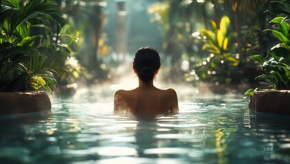 Woman relaxing in a hot spring surrounded by lush greenery