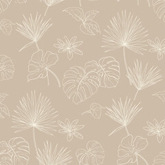 Seamless pattern of white tropical leaf line art on beige