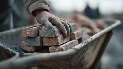 A construction worker's hand places bricks into a wheelbarrow, symbolizing strength, manual labor, and craftsmanship amidst the gritty site.